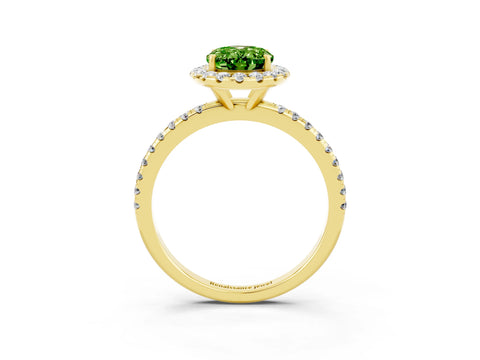 Yellow gold Oval Cut Halo Round Diamond Pavé Band Four-Prong Ring_3