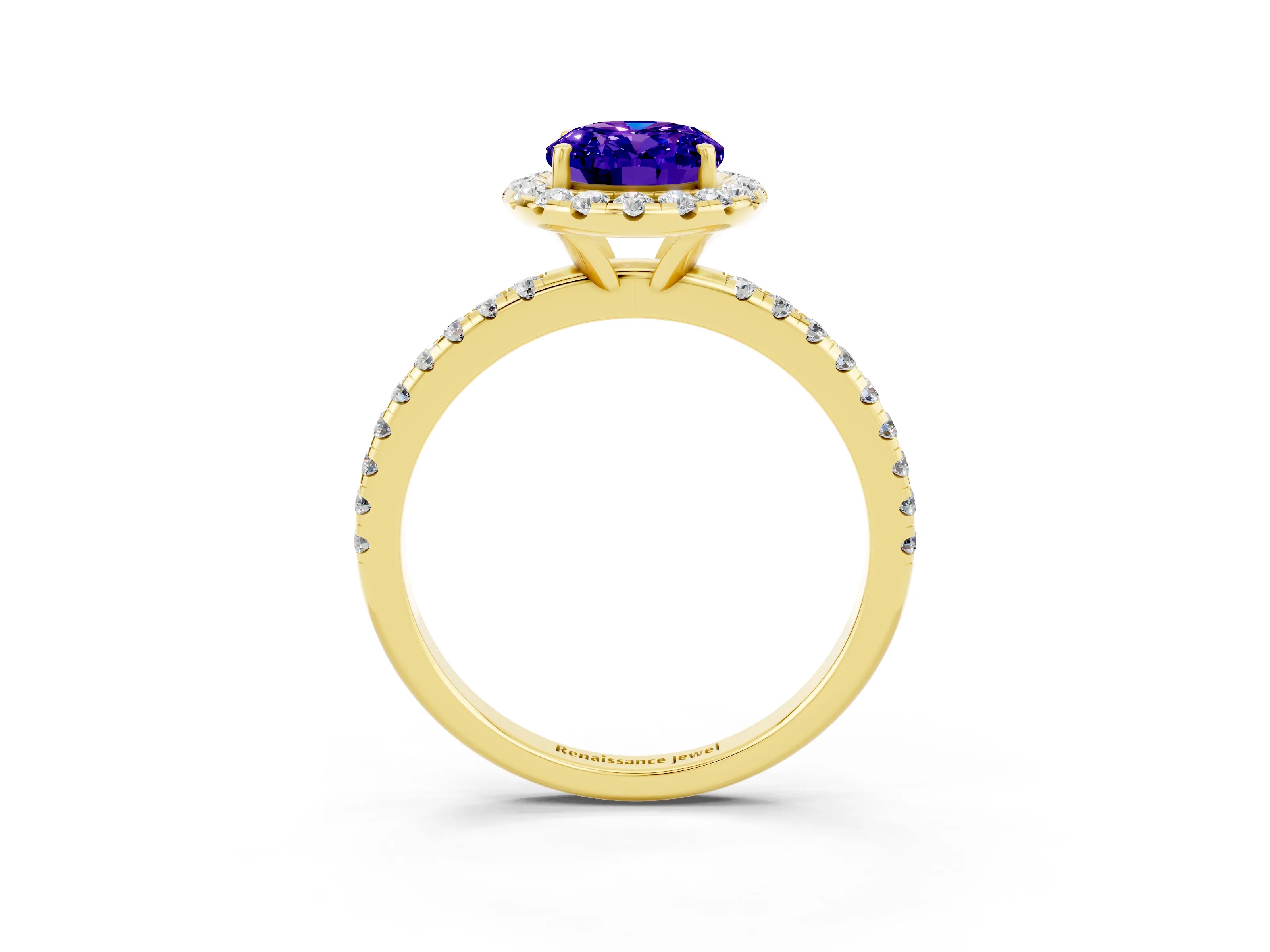 Yellow gold Oval Cut Halo Round Diamond Pavé Band Four-Prong Ring_3