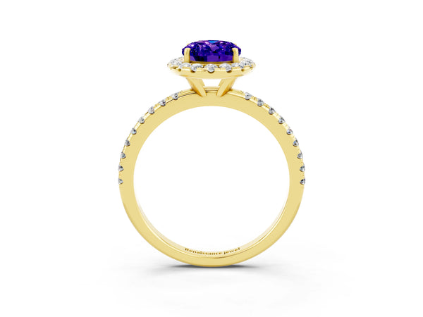 Yellow gold Oval Cut Tanzanite Halo Ring with Round Pavé Band and Prong Setting