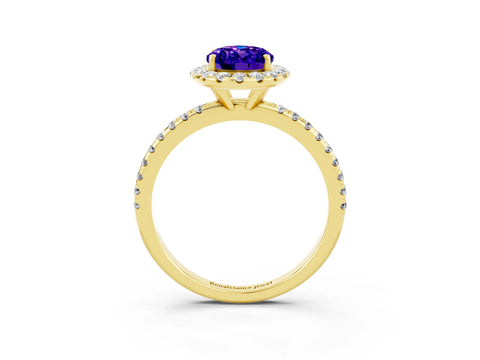 Yellow gold Oval Cut Halo Round Diamond Pavé Band Four-Prong Ring_3