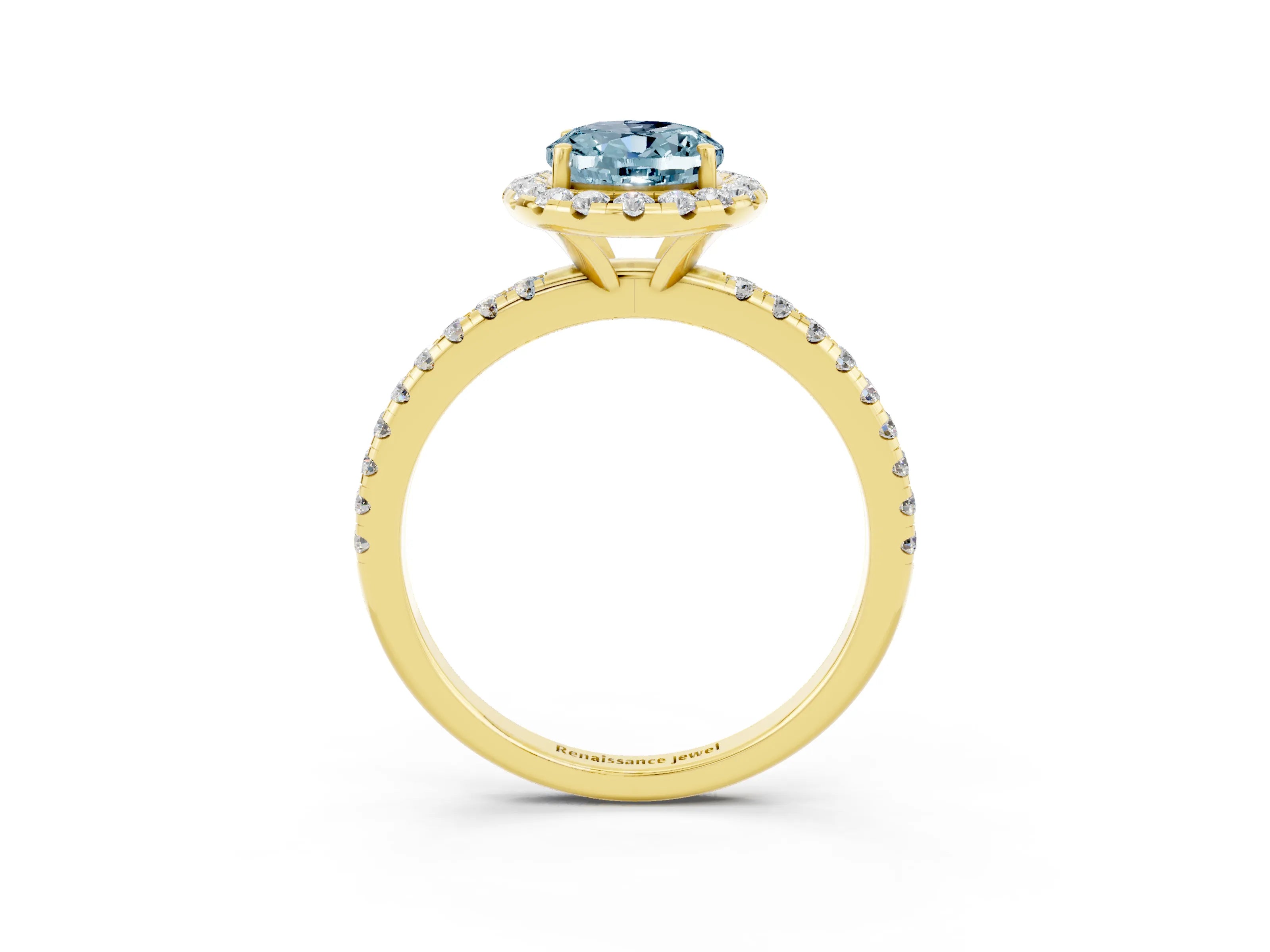 Yellow gold Oval Cut Halo Round Diamond Pavé Band Four-Prong Ring_3