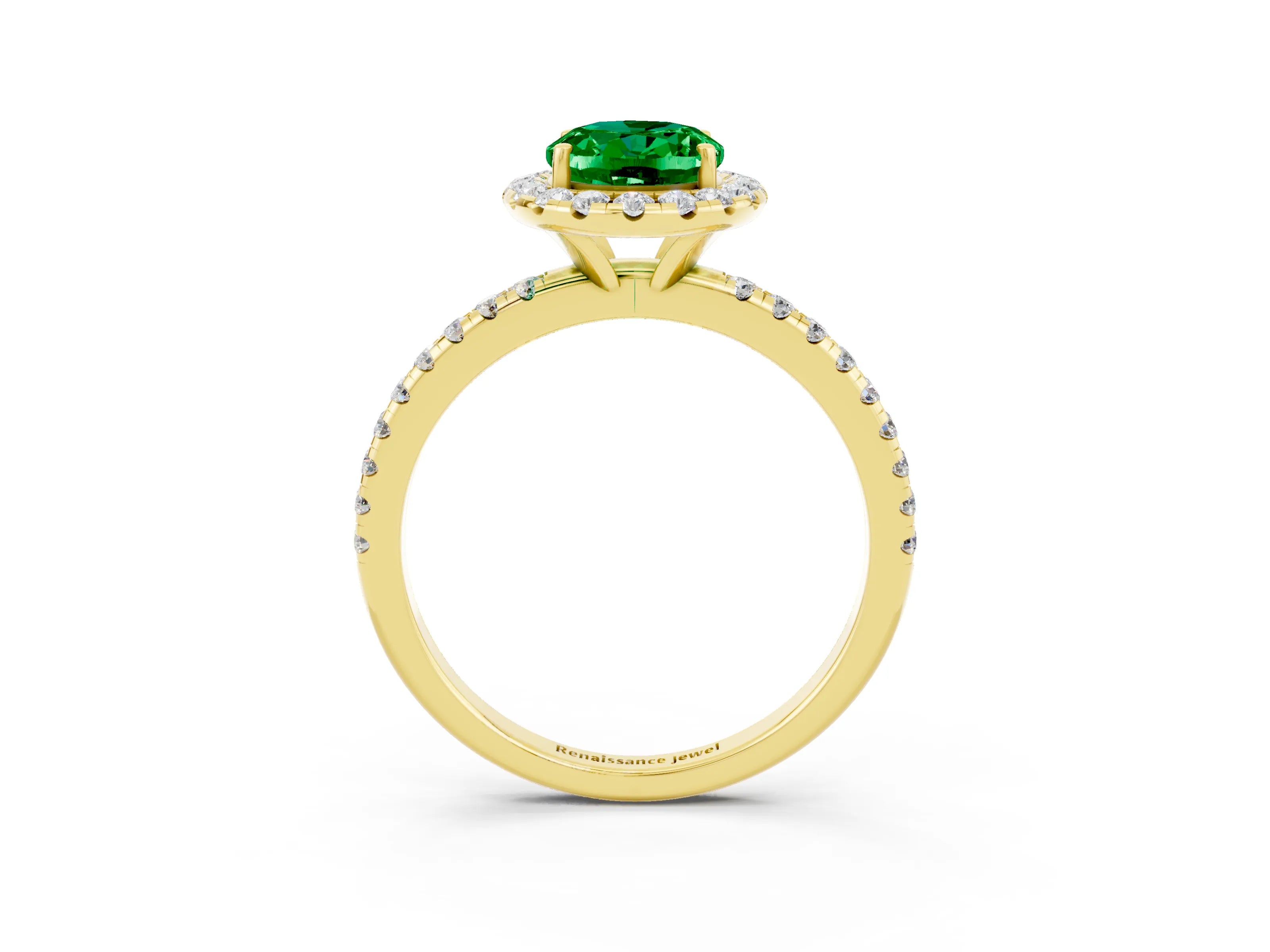 Yellow gold Oval Cut Halo Round Diamond Pavé Band Four-Prong Ring_3