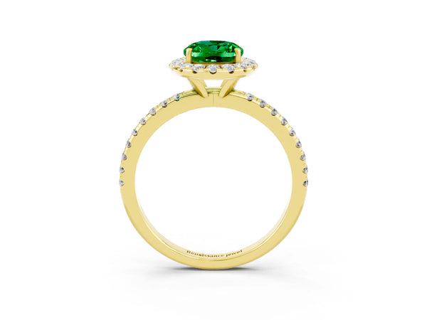 Yellow gold Oval Cut Emerald Halo Ring with Round Pavé Band and Prong Setting
