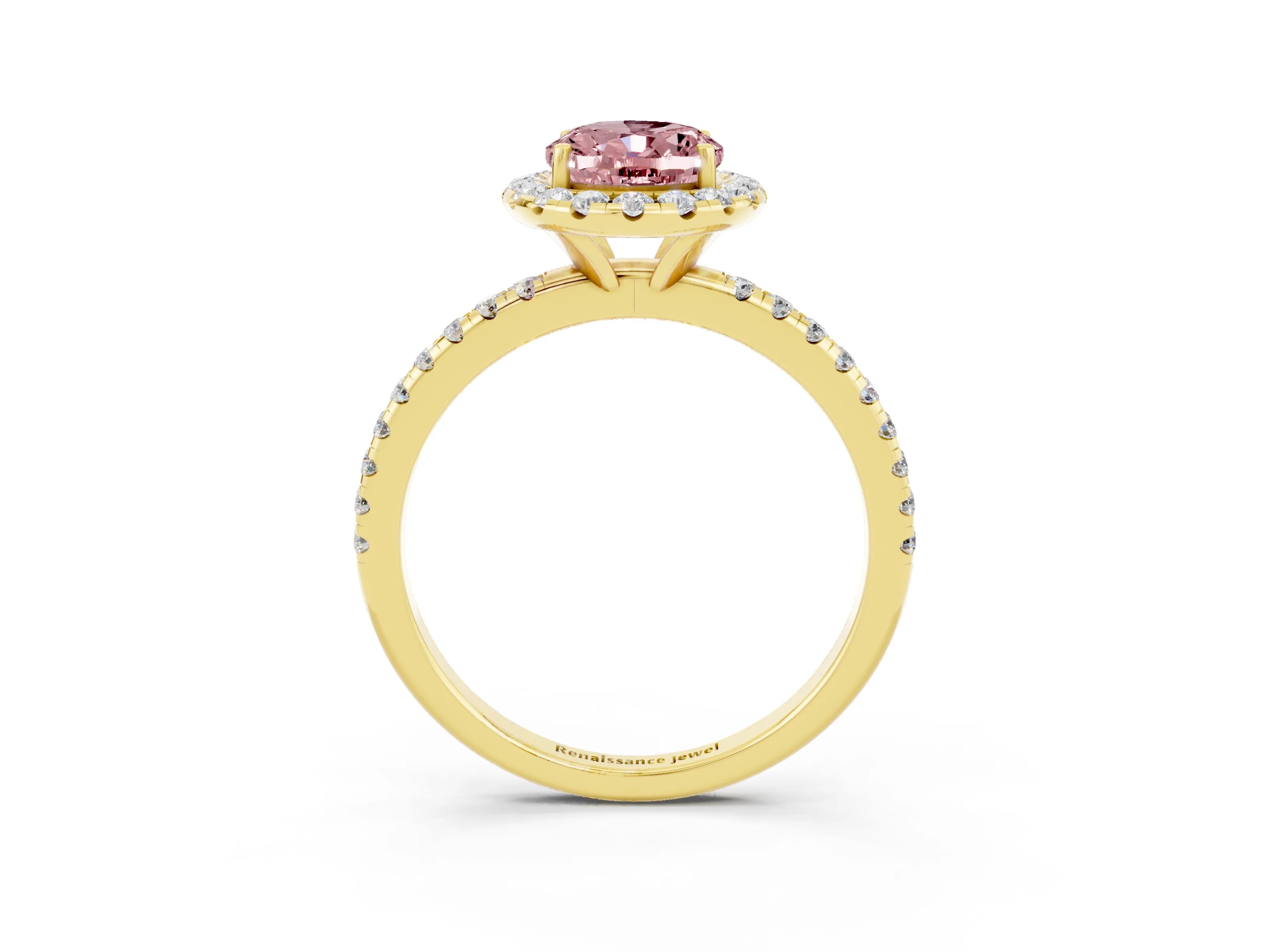 Yellow gold Oval Cut Halo Round Diamond Pavé Band Four-Prong Ring_3