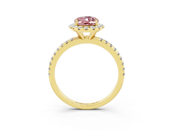 Yellow gold Oval Cut Halo Round Diamond Pavé Band Four-Prong Ring