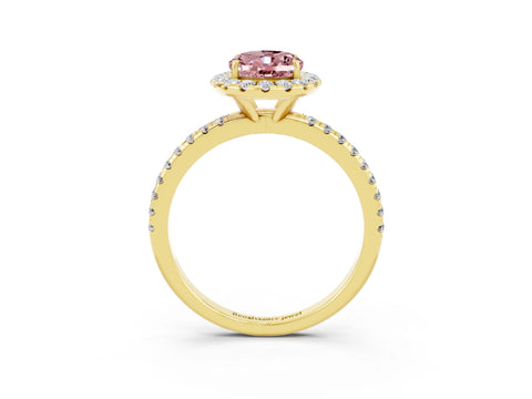 Yellow gold Oval Cut Halo Round Diamond Pavé Band Four-Prong Ring_3