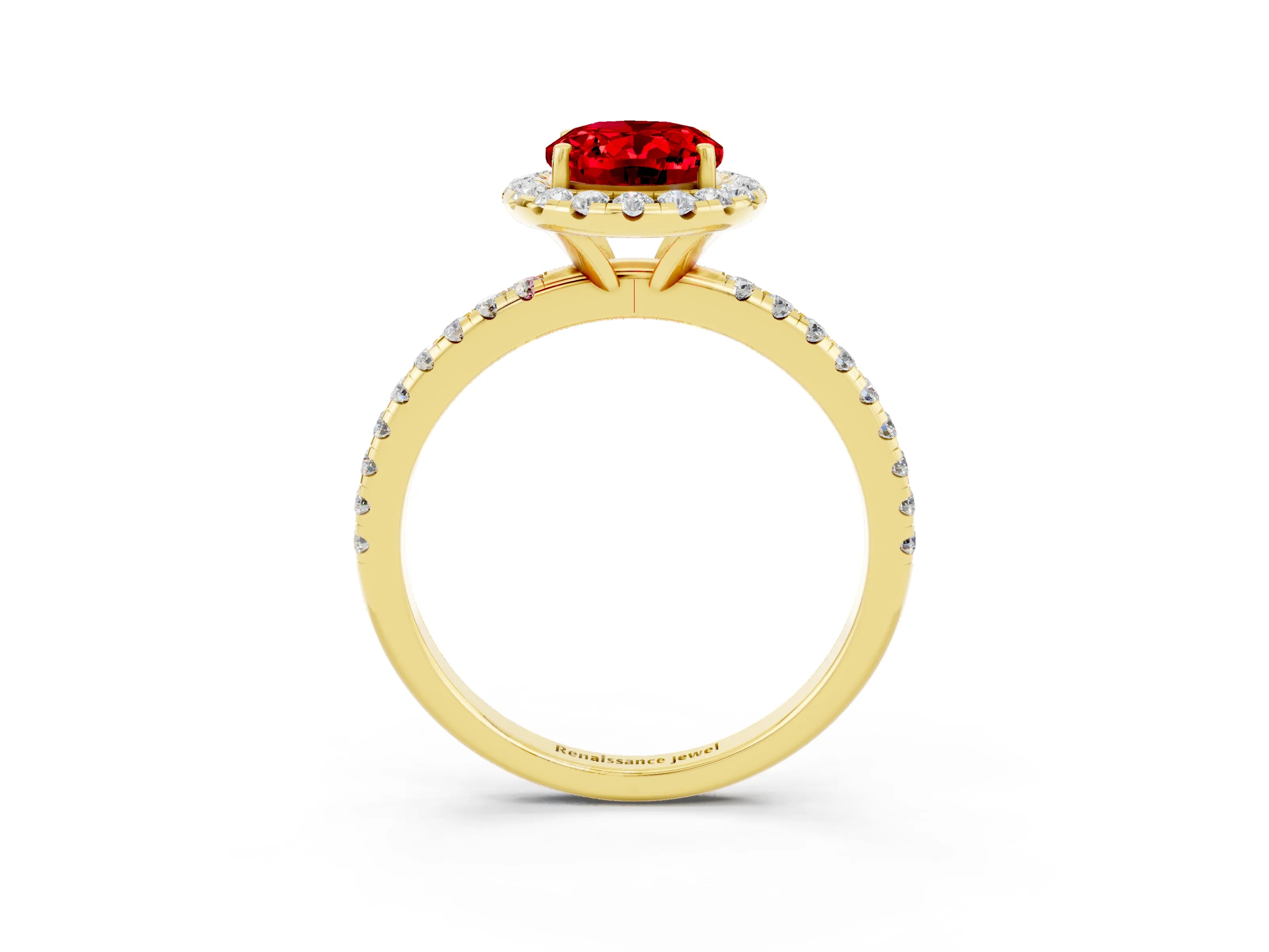 Yellow gold Oval Cut Halo Round Diamond Pavé Band Four-Prong Ring_3