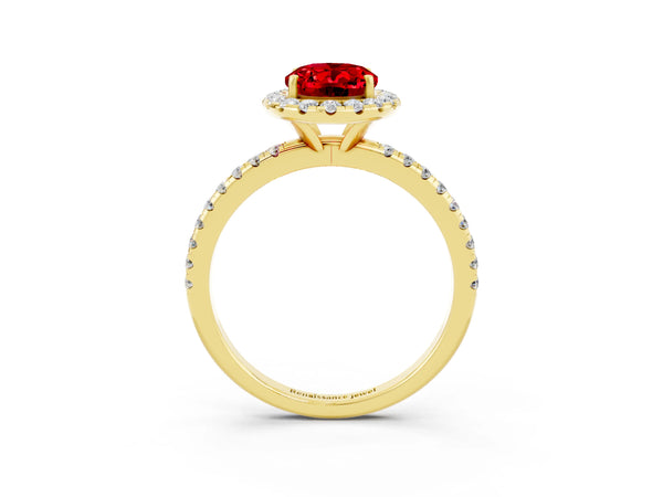 Yellow gold Oval Cut Halo Round Diamond Pavé Band Four-Prong Ring