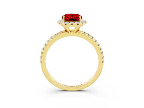 Yellow gold Oval Cut Halo Round Diamond Pavé Band Four-Prong Ring_3