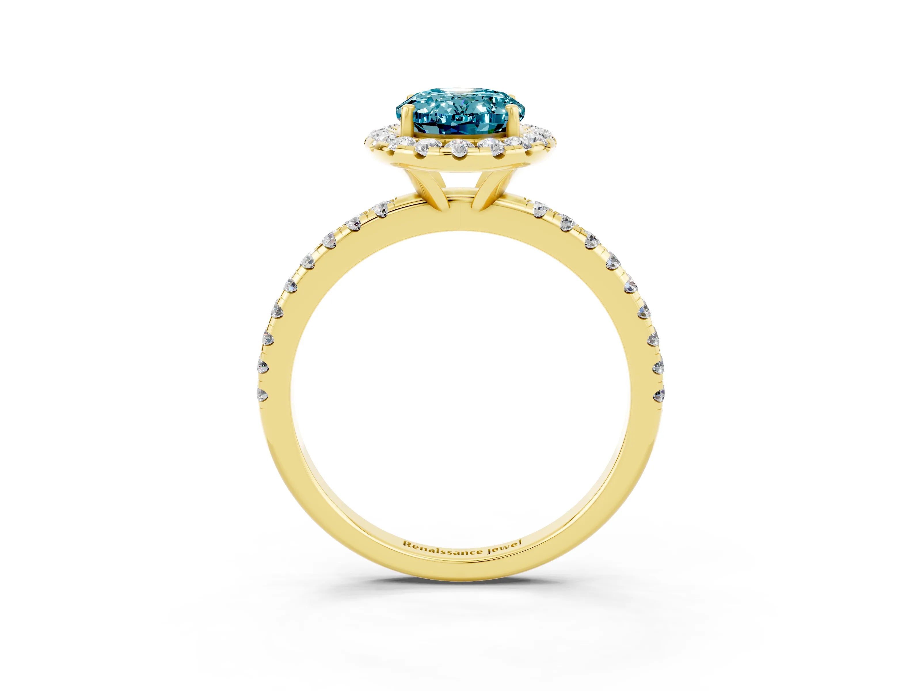 Yellow gold Oval Cut Halo Round Diamond Pavé Band Four-Prong Ring_3