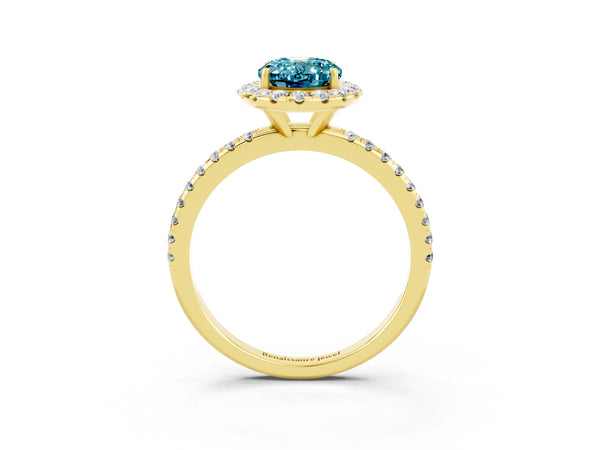 Yellow gold Oval Cut Halo Round Diamond Pavé Band Four-Prong Ring