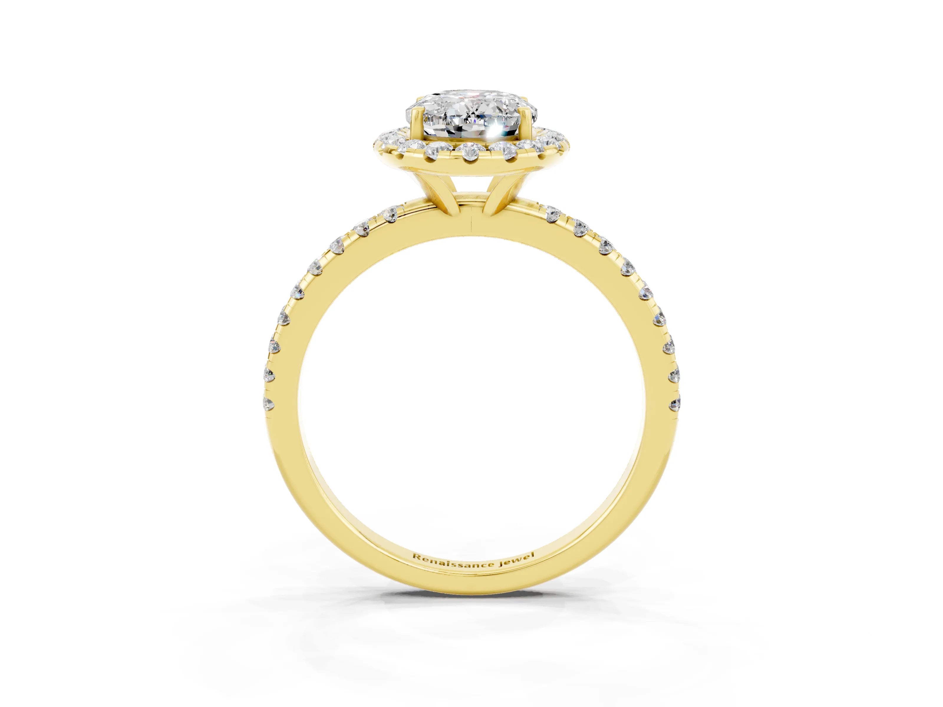Yellow gold Oval Cut Halo Round Diamond Pavé Band Four-Prong Ring_3