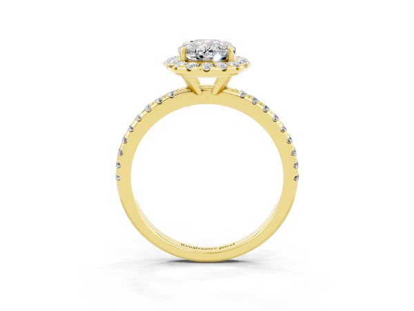 Yellow gold Oval Cut Moissanite Halo Ring with Round Pavé Band and Prong Setting
