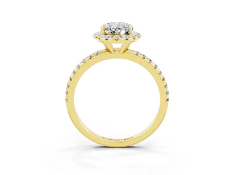 Yellow gold Oval Cut Halo Round Diamond Pavé Band Four-Prong Ring_3