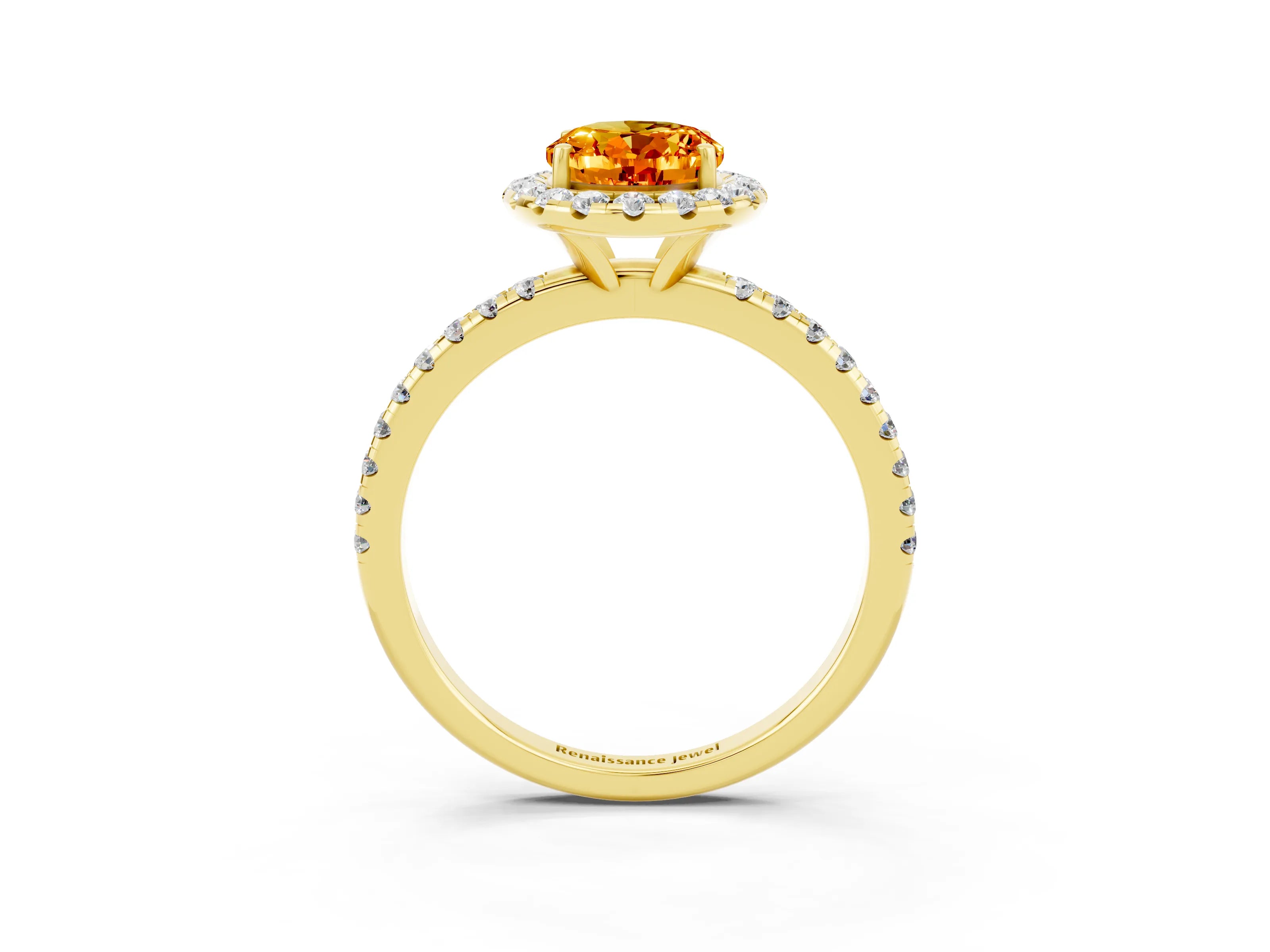 Yellow gold Oval Cut Halo Round Diamond Pavé Band Four-Prong Ring_3