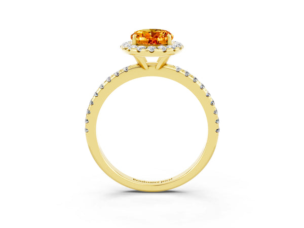 Yellow gold Oval Cut Citrine Halo Ring with Round Pavé Band and Prong Setting