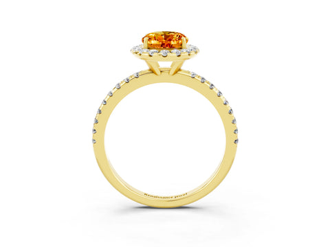 Yellow gold Oval Cut Halo Round Diamond Pavé Band Four-Prong Ring_3