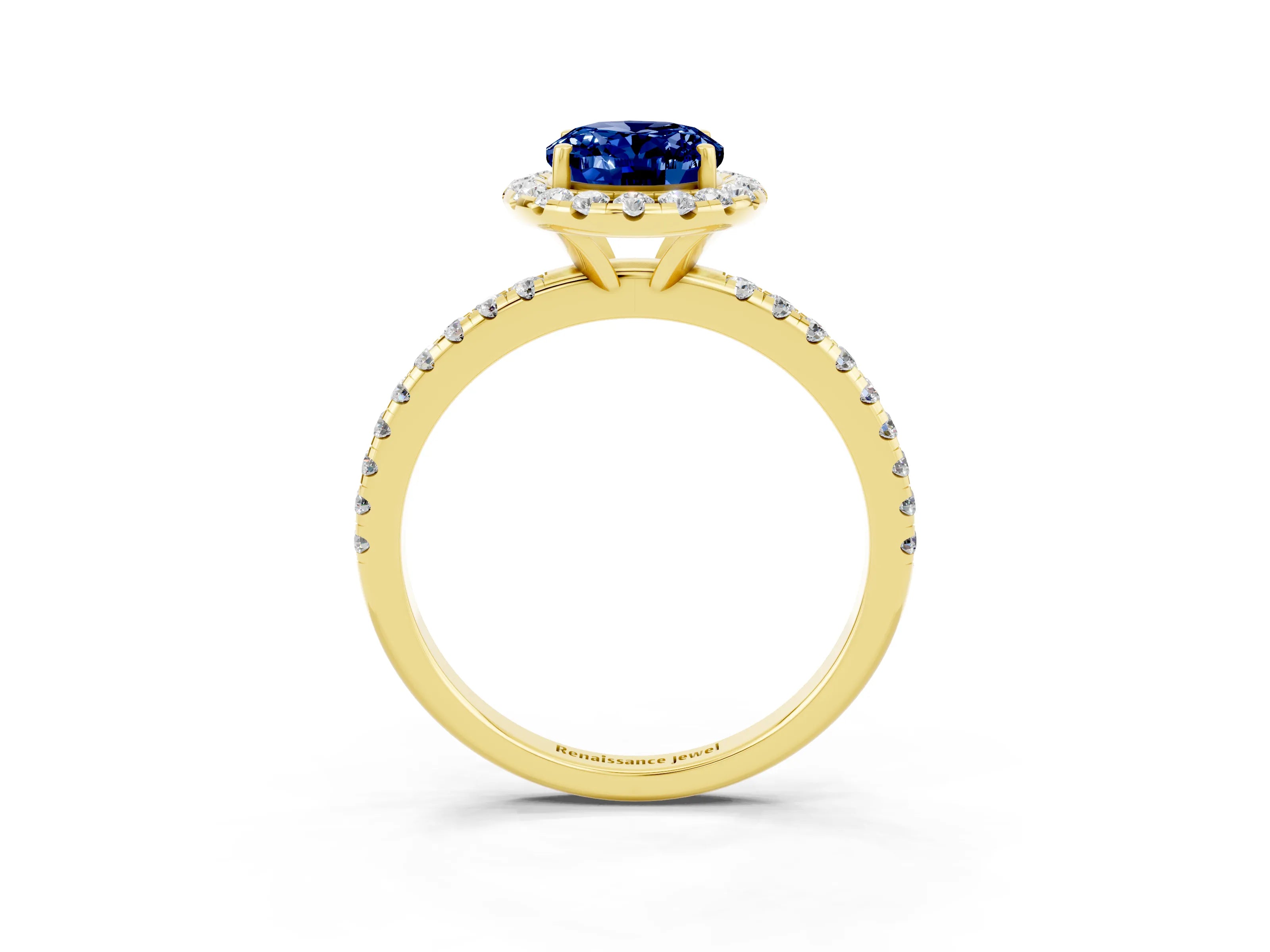 Yellow gold Oval Cut Halo Round Diamond Pavé Band Four-Prong Ring_3