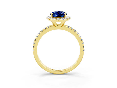 Yellow gold Oval Cut Halo Round Diamond Pavé Band Four-Prong Ring_3