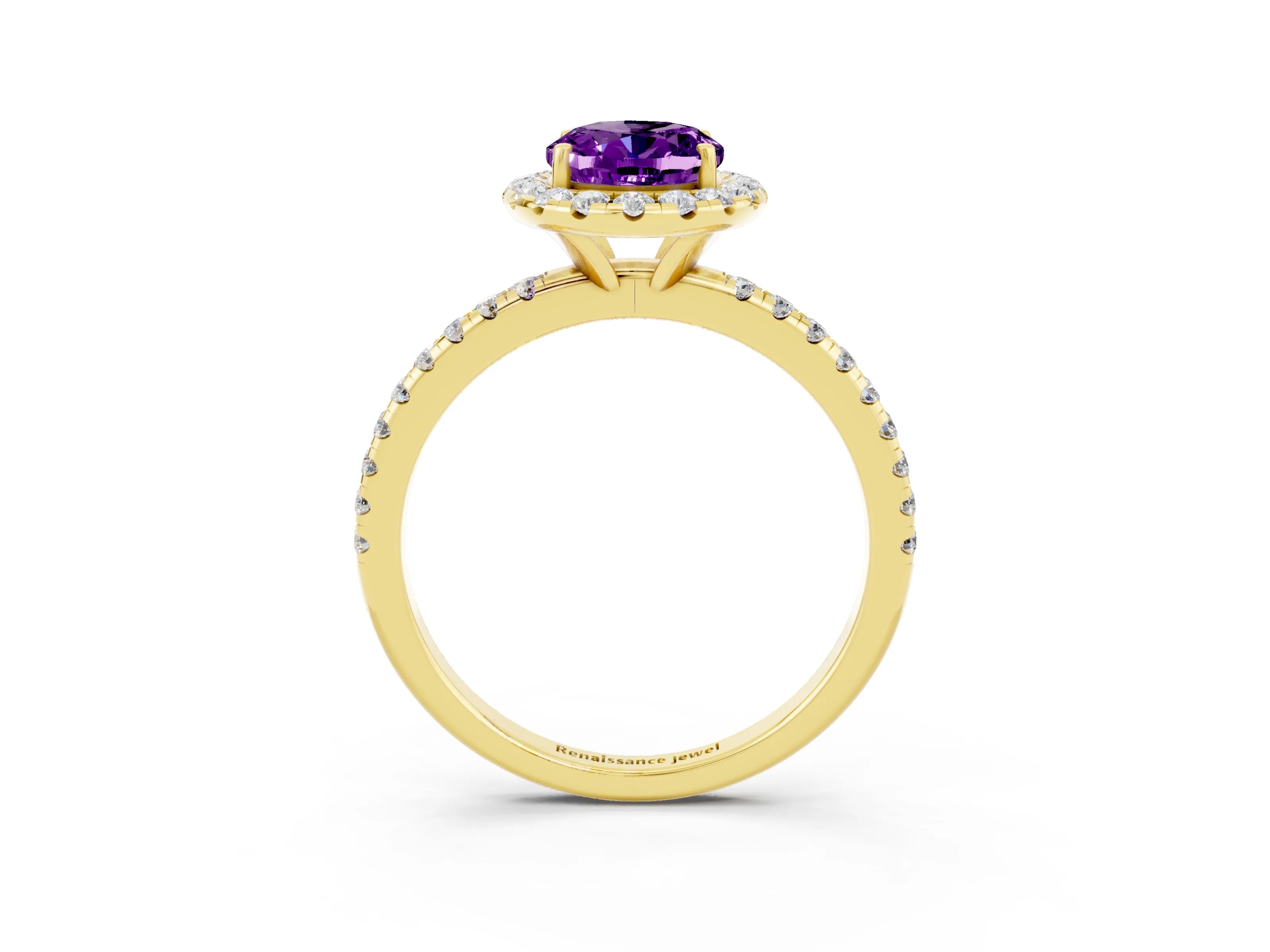 Yellow gold Oval Cut Halo Round Diamond Pavé Band Four-Prong Ring_3