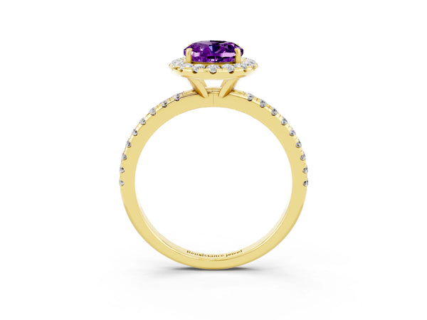 Yellow gold Oval Cut Amethyst Halo Ring with Round Pavé Band and Prong Setting