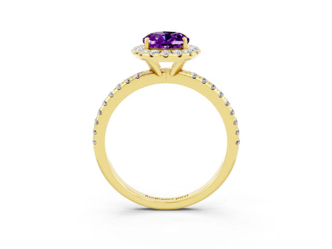 Yellow gold Oval Cut Halo Round Diamond Pavé Band Four-Prong Ring_3