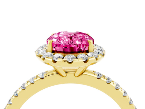 Yellow gold Oval Cut Halo Round Diamond Pavé Band Four-Prong Ring_4