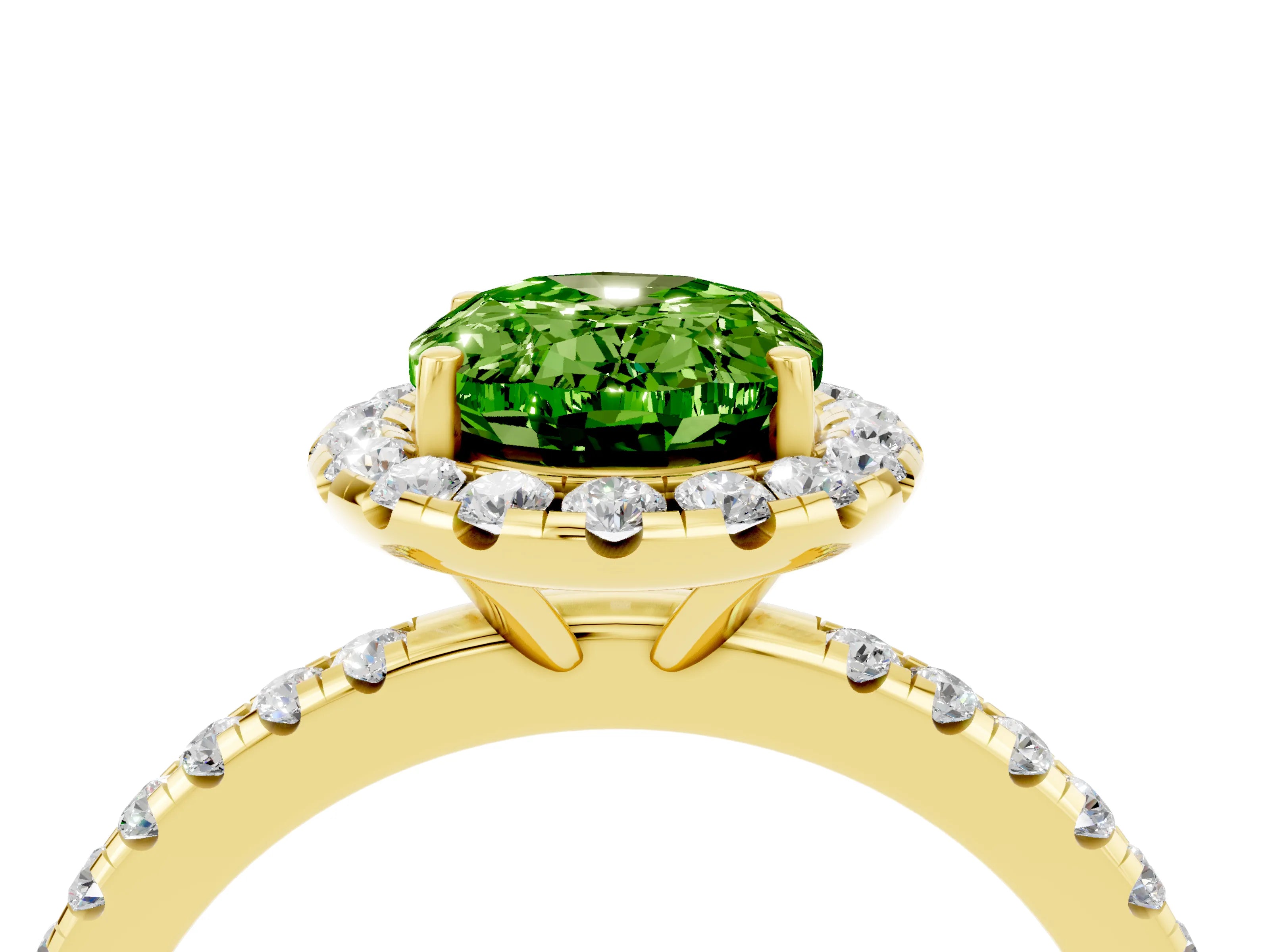 Yellow gold Oval Cut Halo Round Diamond Pavé Band Four-Prong Ring_4