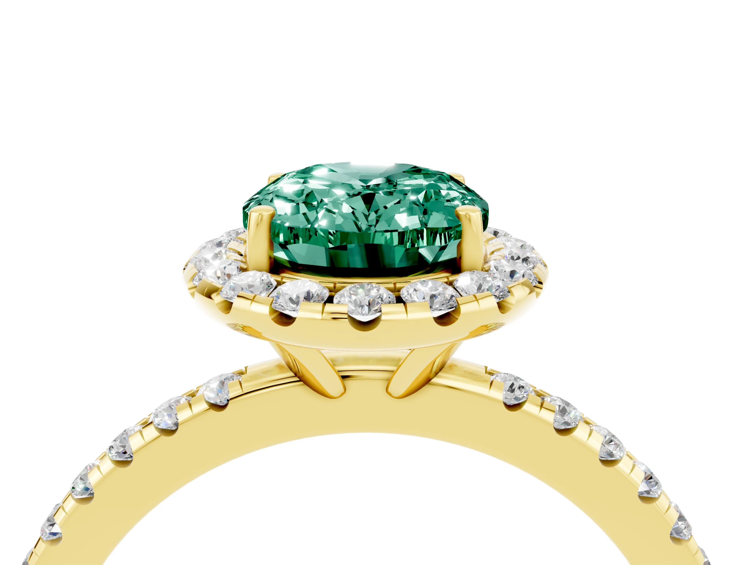 Yellow gold Oval Cut Halo Round Diamond Pavé Band Four-Prong Ring_4