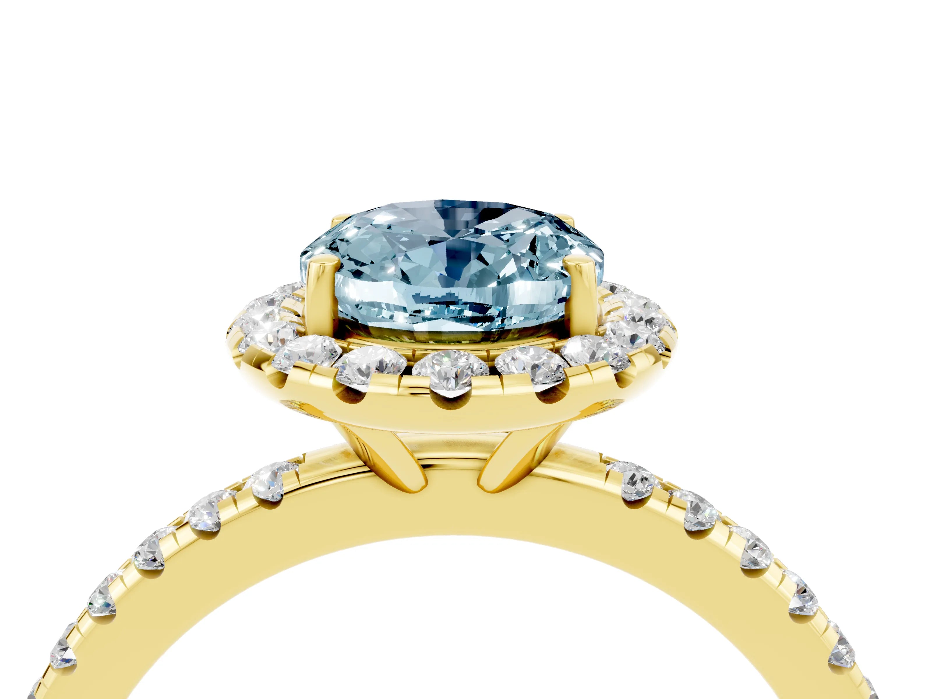 Yellow gold Oval Cut Halo Round Diamond Pavé Band Four-Prong Ring_4