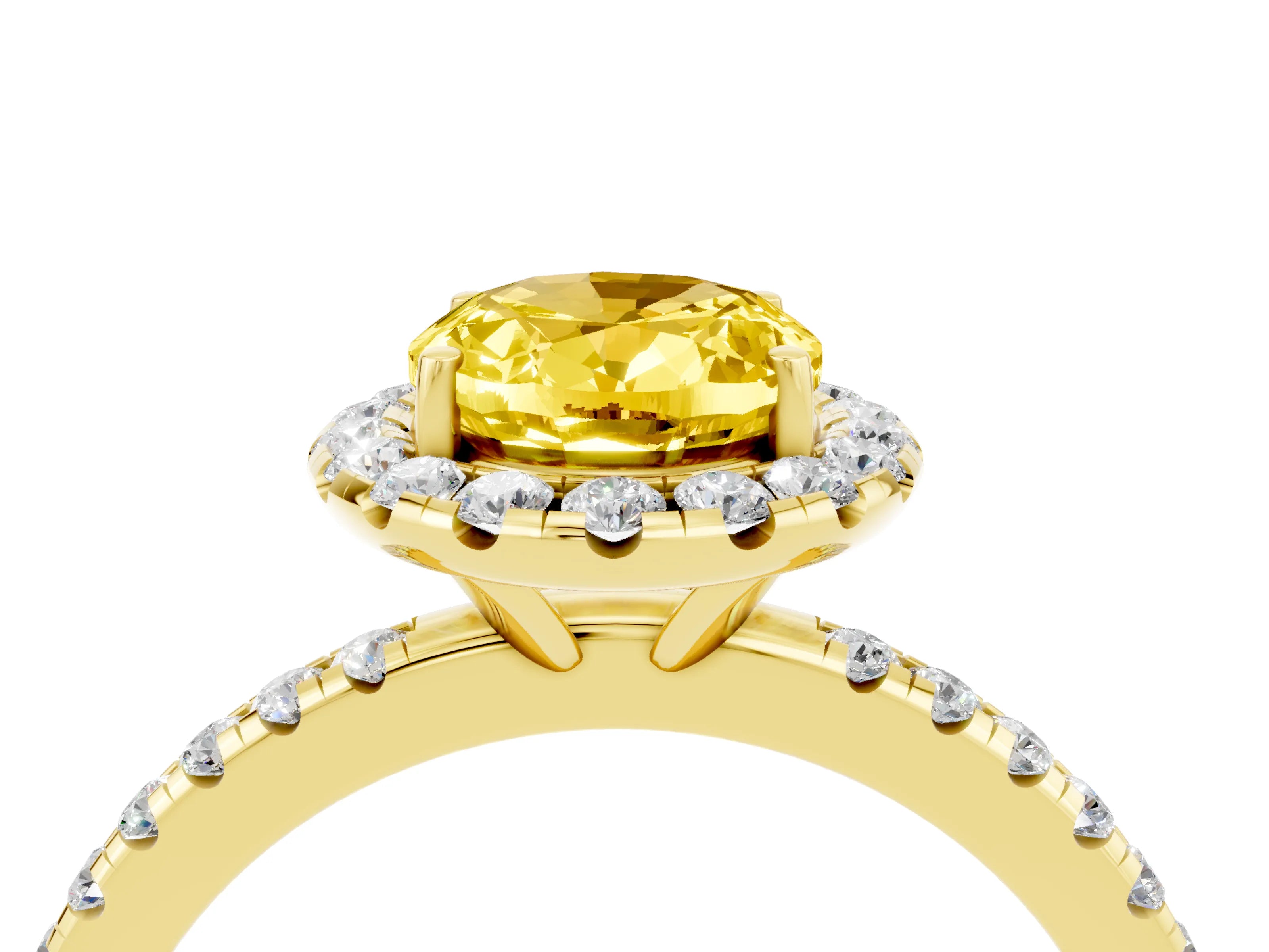 Yellow gold Oval Cut Halo Round Diamond Pavé Band Four-Prong Ring_4