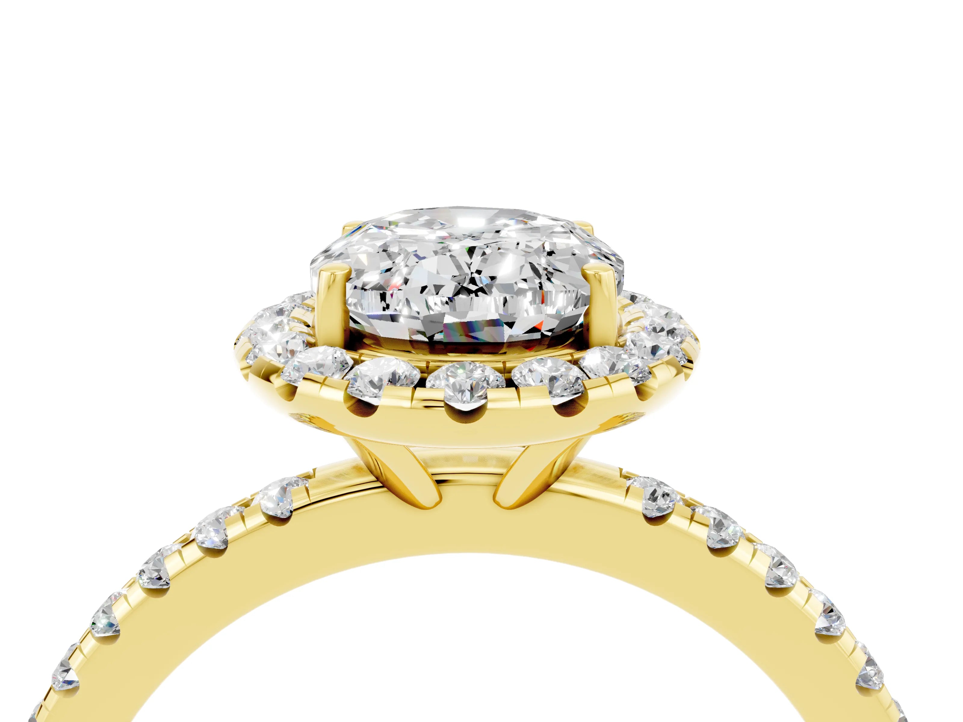 Yellow gold Oval Cut Halo Round Diamond Pavé Band Four-Prong Ring_4