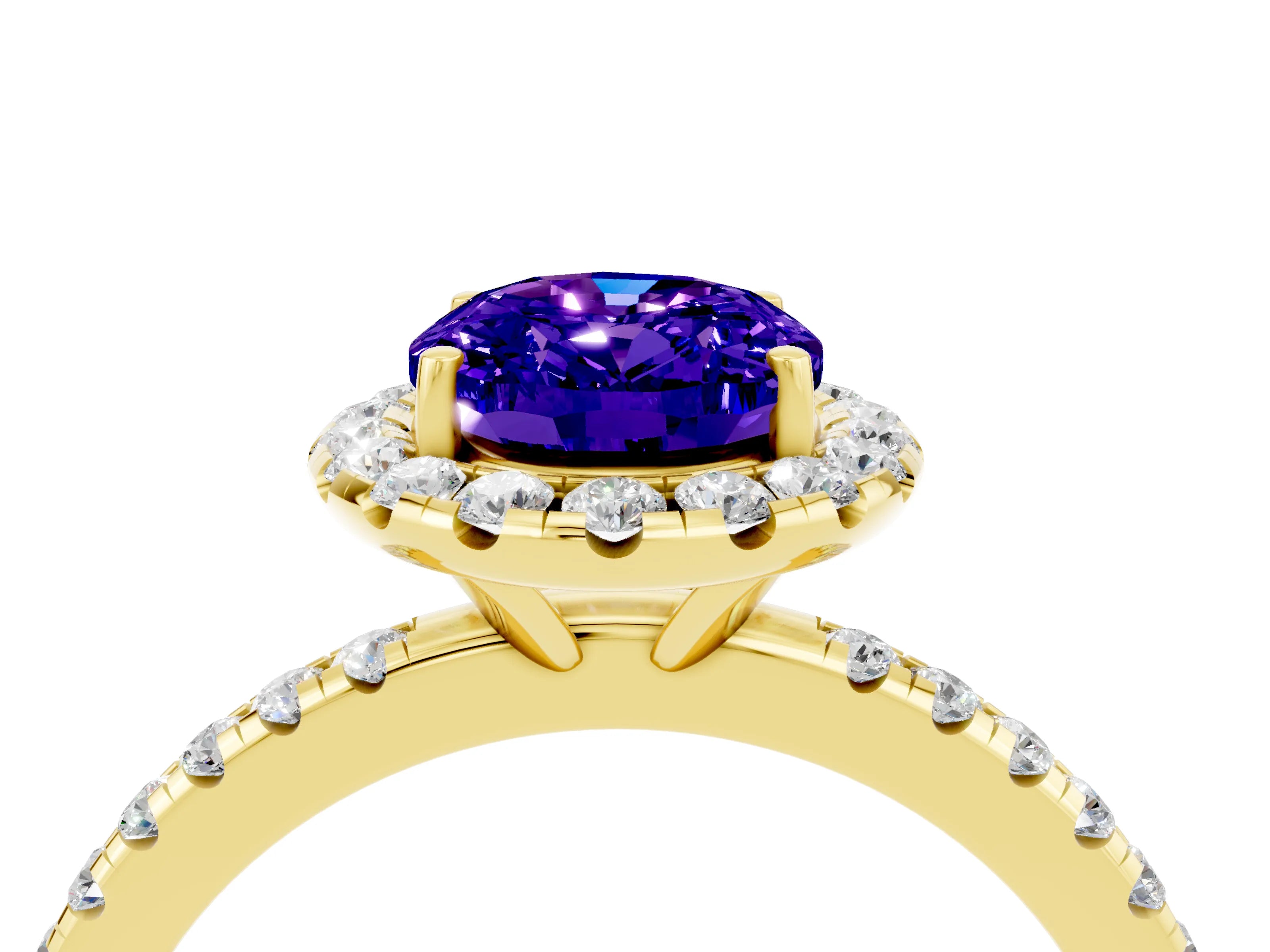 Yellow gold Oval Cut Halo Round Diamond Pavé Band Four-Prong Ring_4