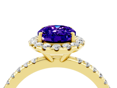 Yellow gold Oval Cut Halo Round Diamond Pavé Band Four-Prong Ring_4