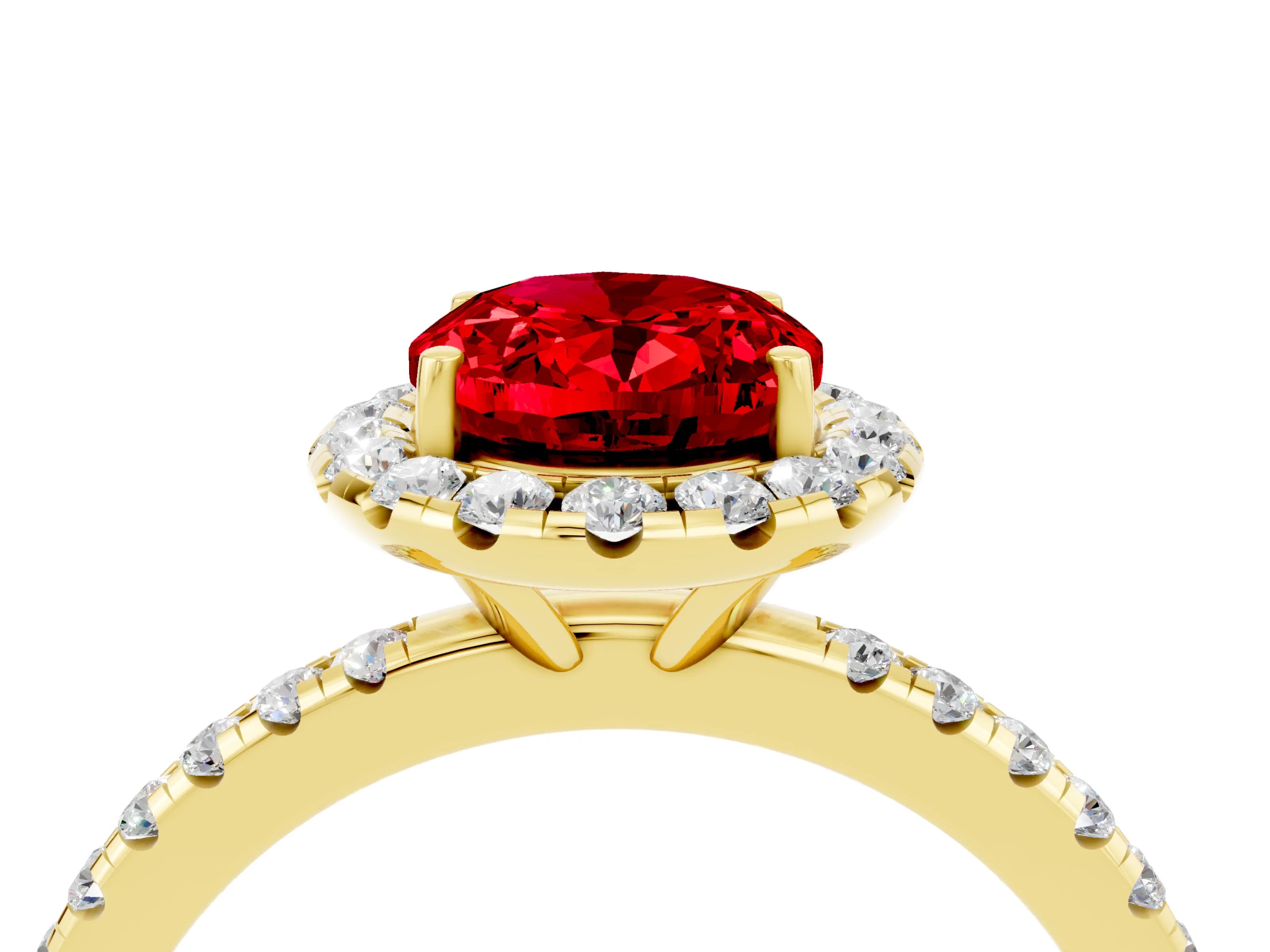 Yellow gold Oval Cut Halo Round Diamond Pavé Band Four-Prong Ring_4