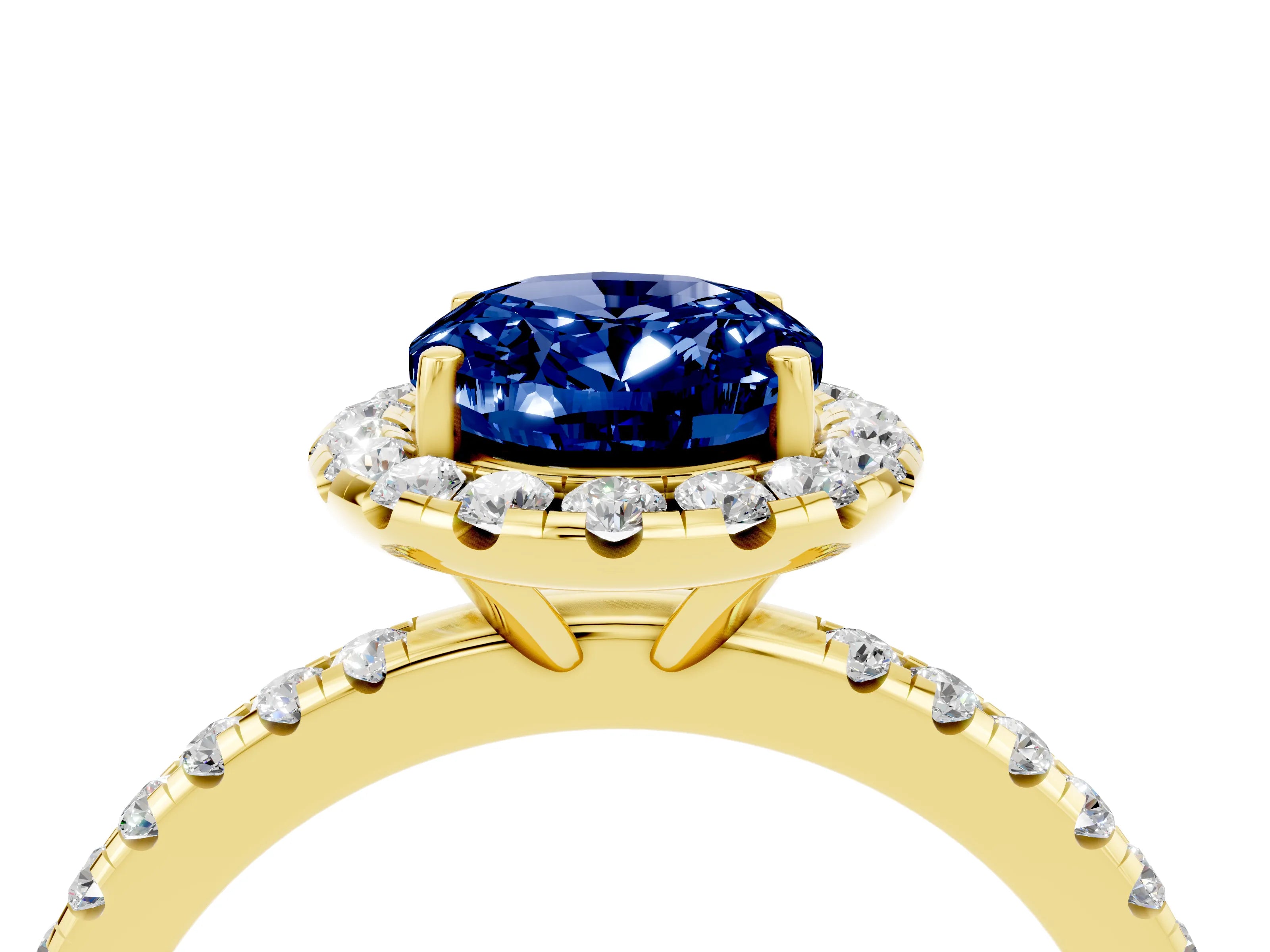 Yellow gold Oval Cut Halo Round Diamond Pavé Band Four-Prong Ring_4