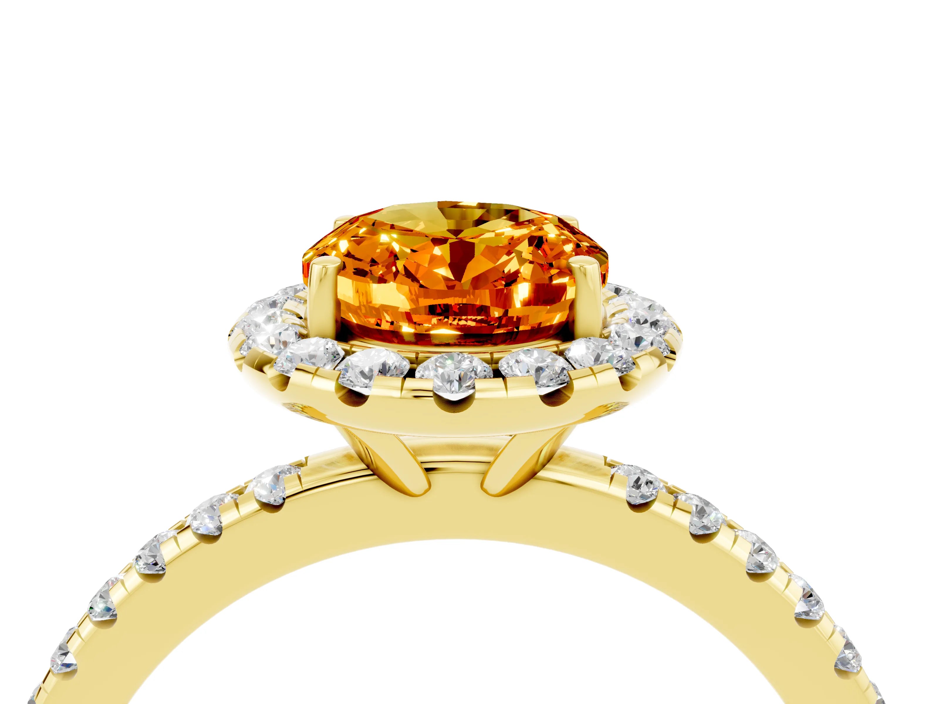 Yellow gold Oval Cut Halo Round Diamond Pavé Band Four-Prong Ring_4