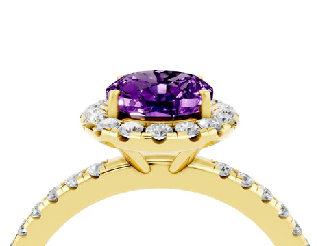Yellow gold Oval Cut Halo Round Diamond Pavé Band Four-Prong Ring_4