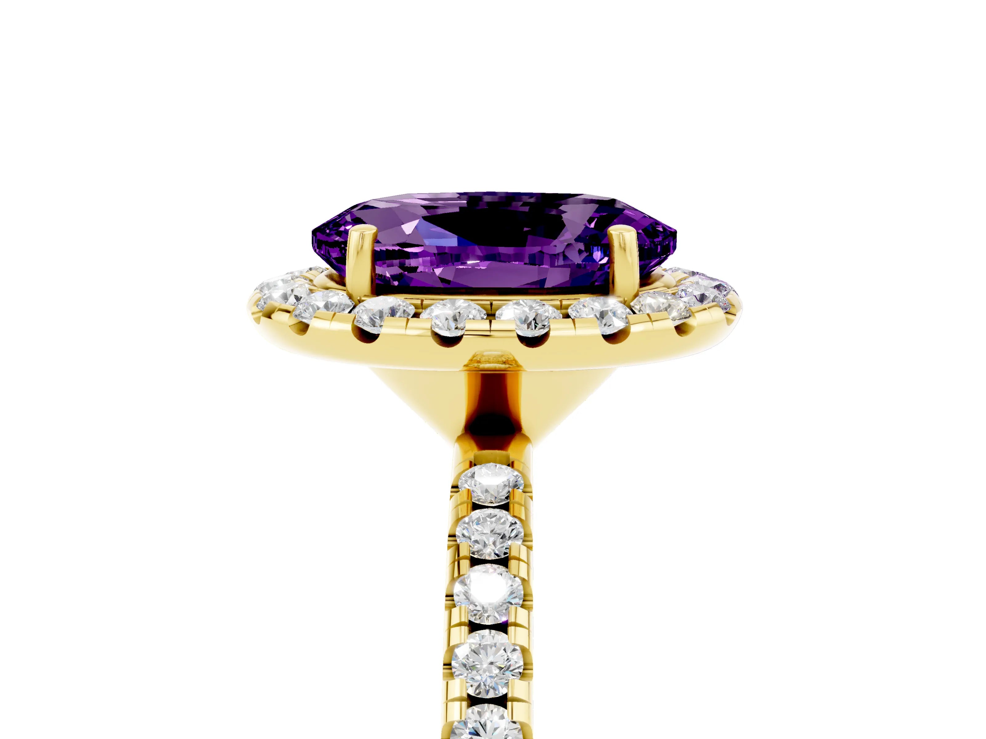 Yellow gold Oval Cut Halo Round Diamond Pavé Band Four-Prong Ring_5