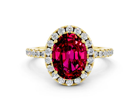 Yellow gold Oval Cut Halo Round Diamond Pavé Band Four-Prong Ring