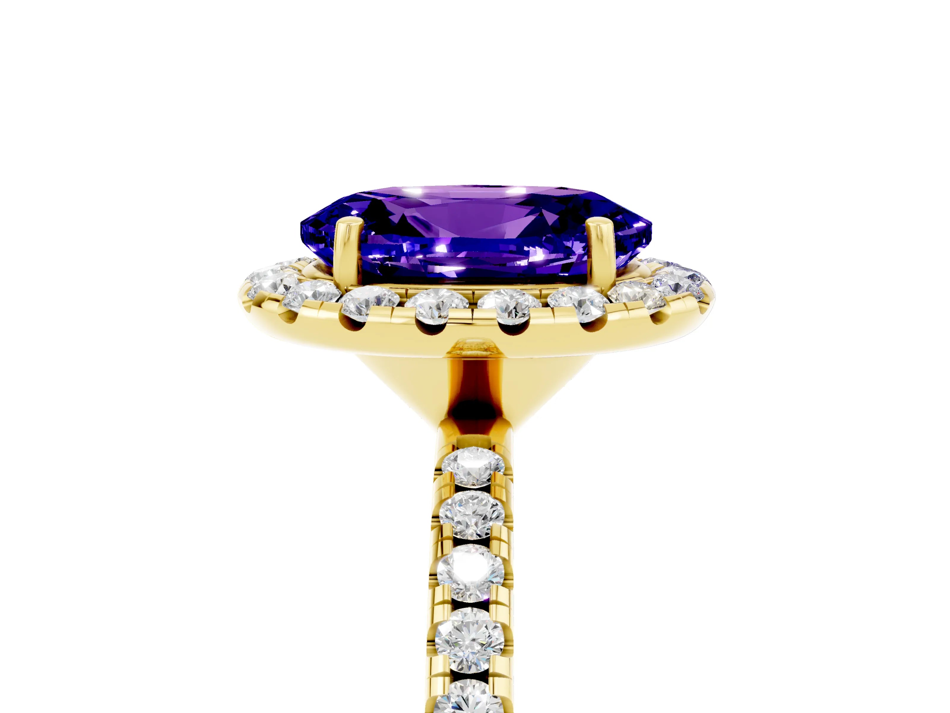 Yellow gold Oval Cut Halo Round Diamond Pavé Band Four-Prong Ring_5