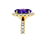 Yellow gold Oval Cut Halo Round Diamond Pavé Band Four-Prong Ring_5