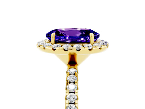 Yellow gold Oval Cut Halo Round Diamond Pavé Band Four-Prong Ring_5