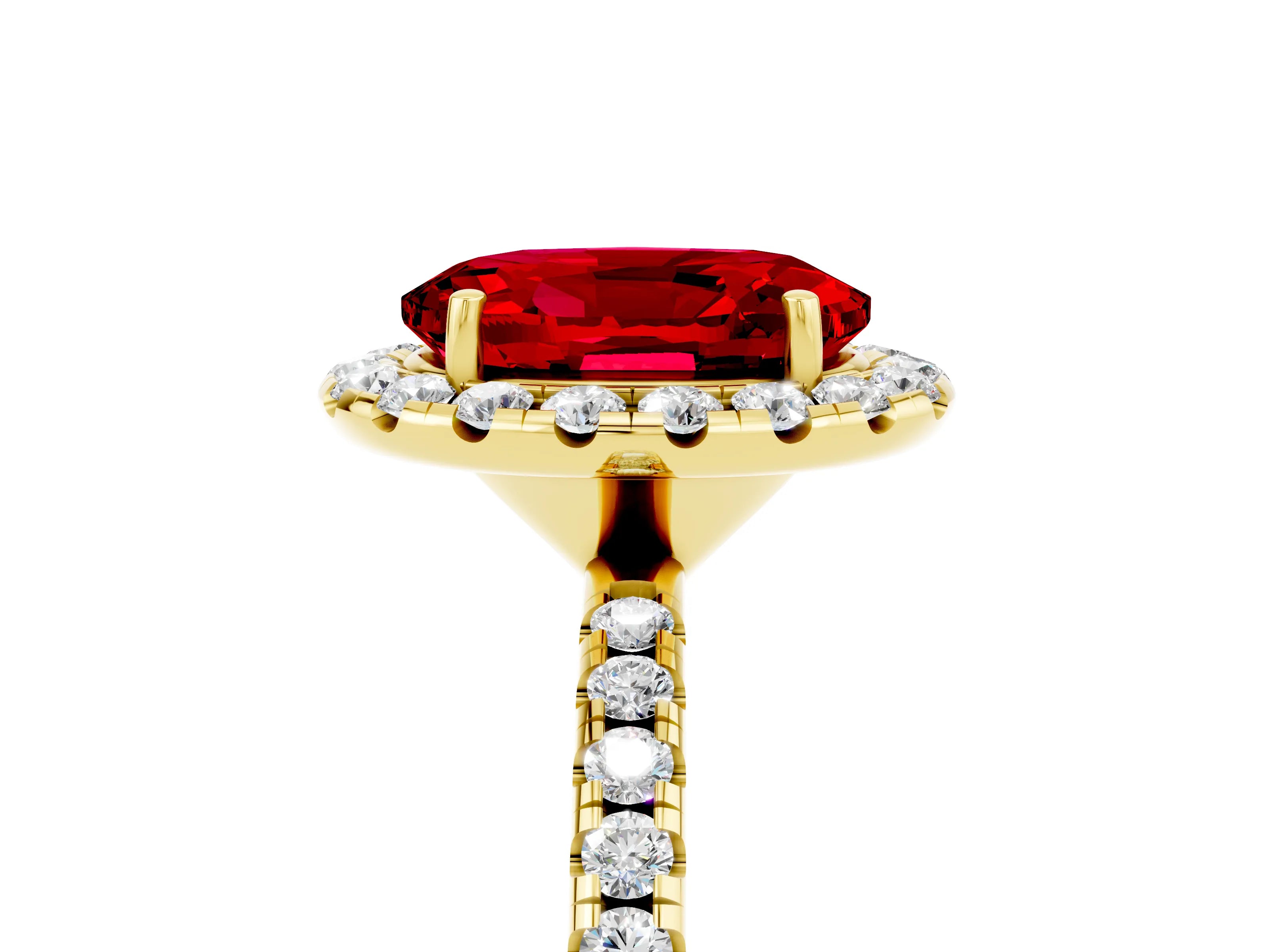 Yellow gold Oval Cut Halo Round Diamond Pavé Band Four-Prong Ring_5