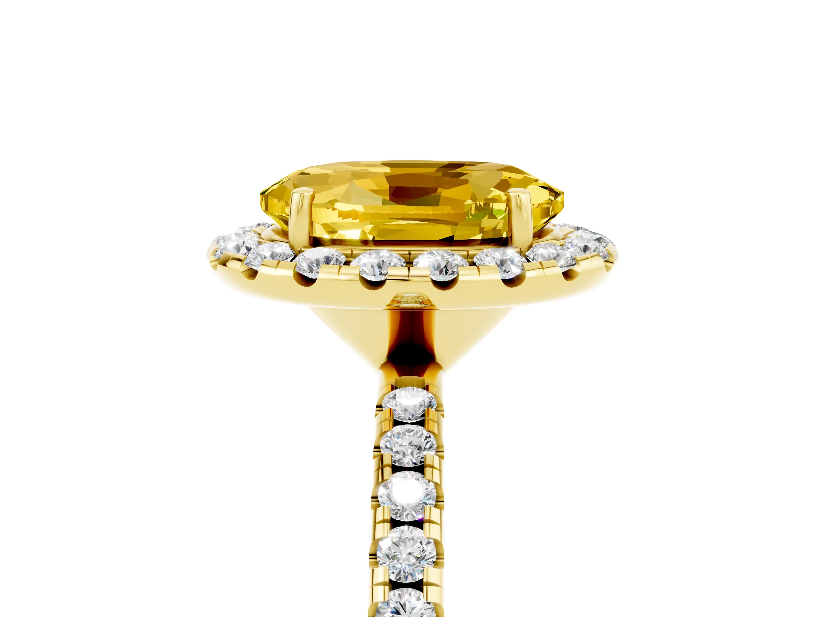 Yellow gold Oval Cut Halo Round Diamond Pavé Band Four-Prong Ring_5