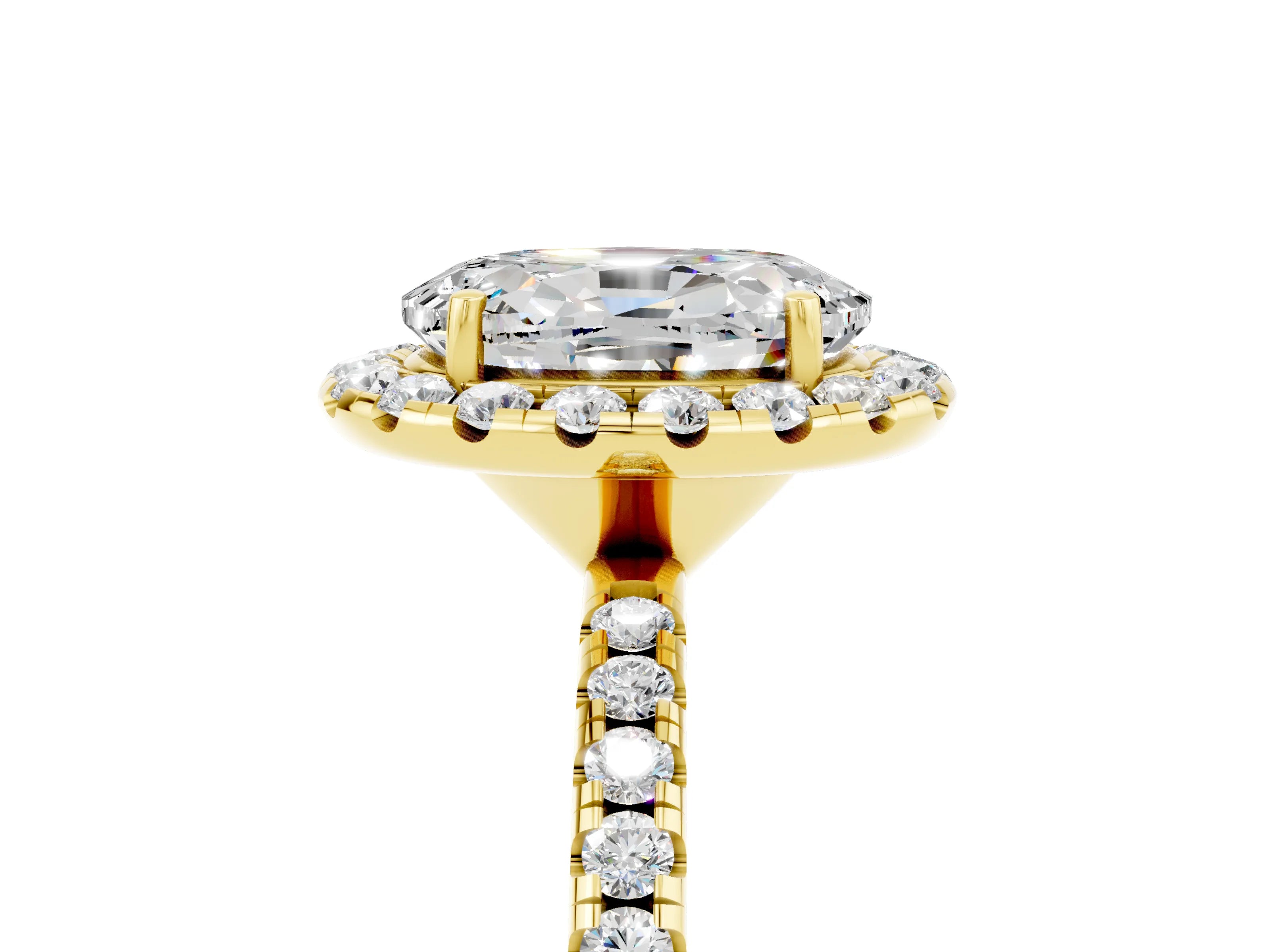 Yellow gold Oval Cut Halo Round Diamond Pavé Band Four-Prong Ring_5