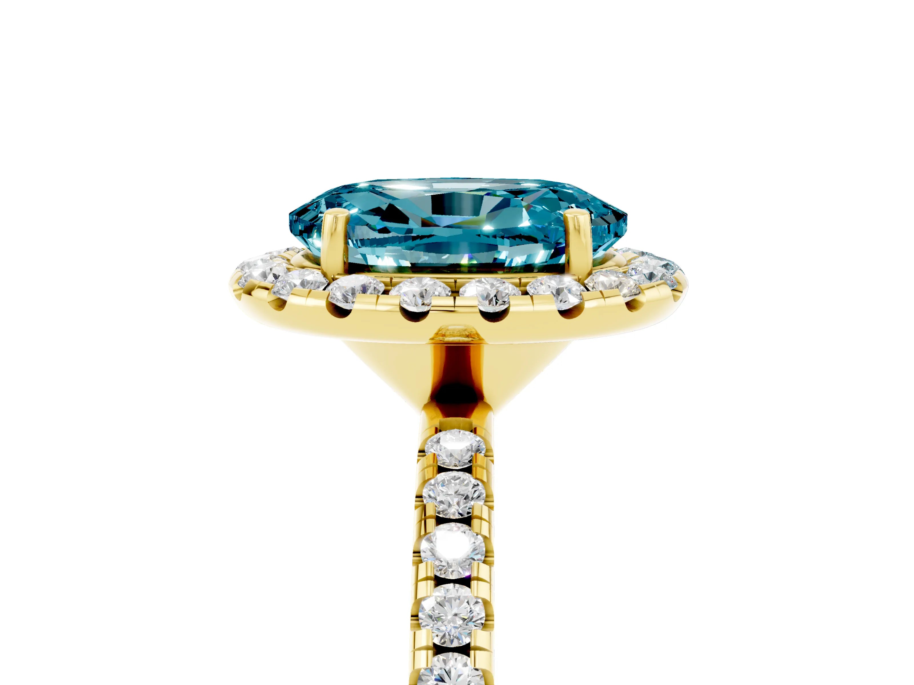 Yellow gold Oval Cut Halo Round Diamond Pavé Band Four-Prong Ring_5