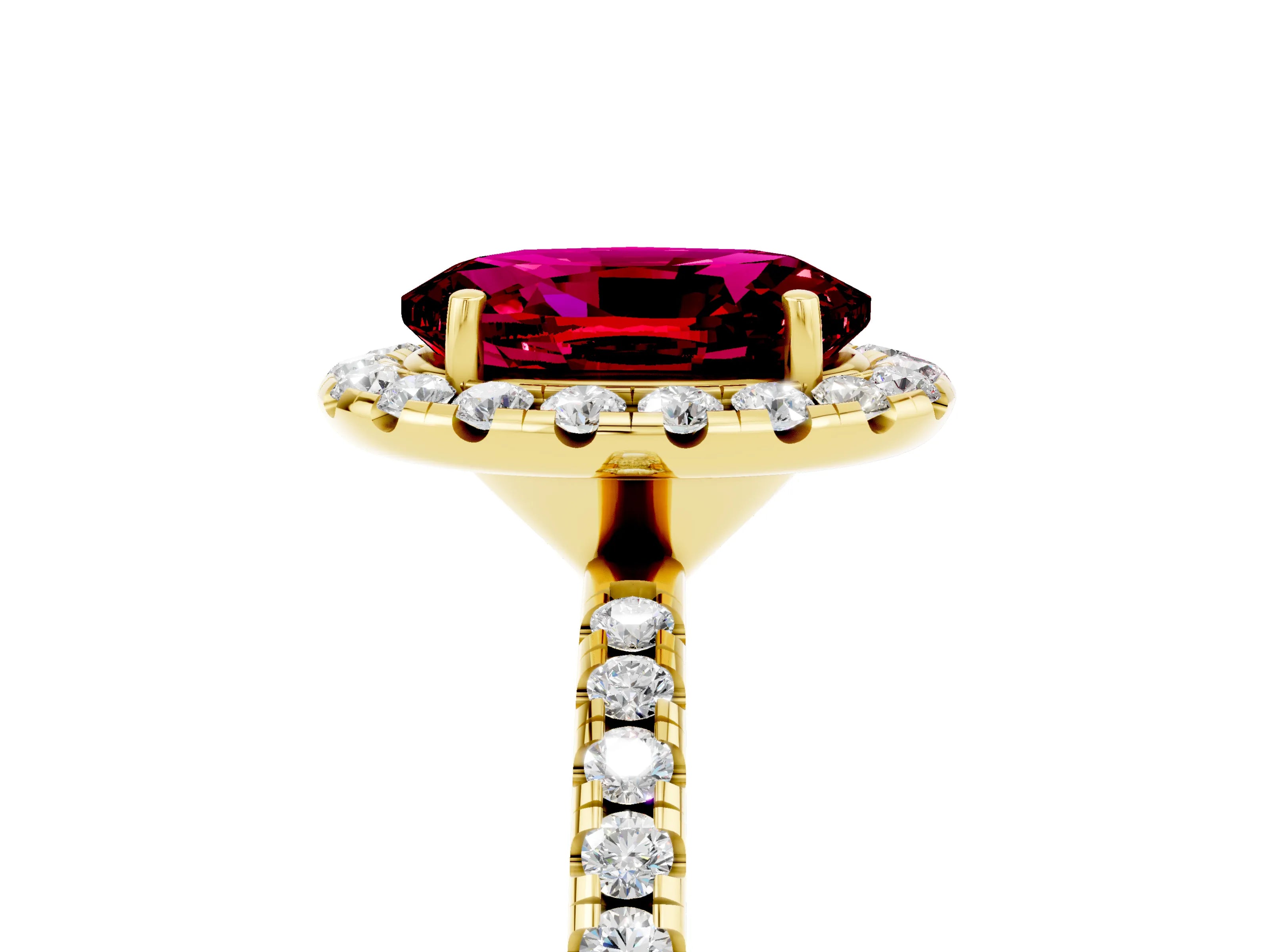 Yellow gold Oval Cut Halo Round Diamond Pavé Band Four-Prong Ring_5