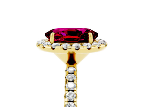 Yellow gold Oval Cut Halo Round Diamond Pavé Band Four-Prong Ring_5