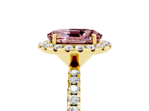 Yellow gold Oval Cut Halo Round Diamond Pavé Band Four-Prong Ring_5